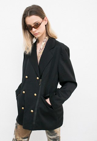 VINTAGE JACKET BLACK GOLD BUTTONS ZIP UP DETAIL BLAZER 80S