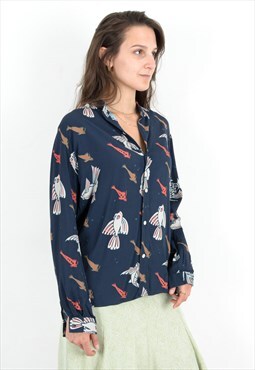 Women's S M Blouse Shirt Top Navy Fish Pattern Funky 80's