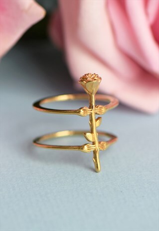 GOLD DELICATE RING WITH HANDS AND ROSE HANDMADE