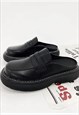 UNUSUAL MULES FAUX LEATHER LOAFERS PLATFORM SLIPPERS BLACK