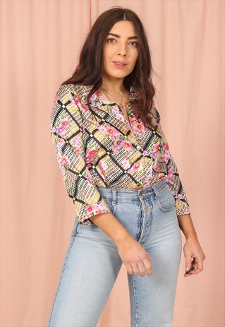 VINTAGE 70S CHECKED FLORAL PRINT BLOUSE