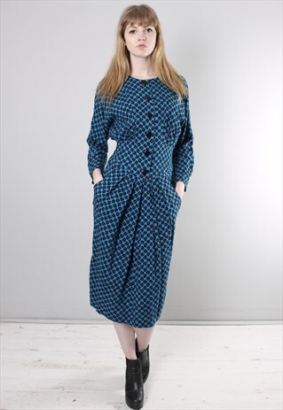 VINTAGE 80S BLUE PATTERNED BATWING MIDI DRESS