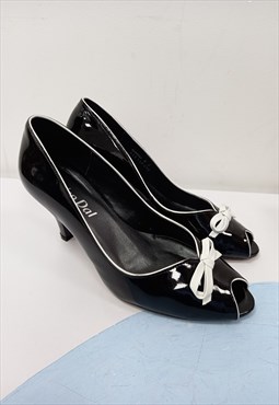Y2K Court Heels Black Patent Leather Peep Toe Bow