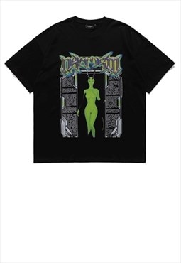 Alien print t-shirt Cyber punk tee Gothic UFO top in black