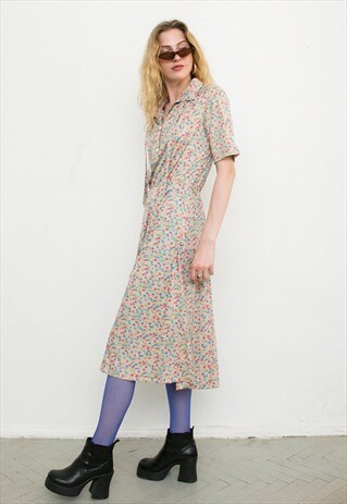 VINTAGE BEIGE PATTERN 80S BUTTON UP SHIRT MIDI DRESS