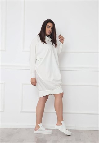 WHITE TUNIC DRESS WITH COWL NECKLINE