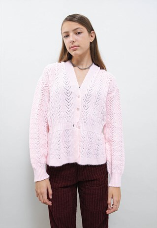 VINTAGE 60S ROMANTIC PINK V NECK TEXTURED KNIT CARDIGAN S