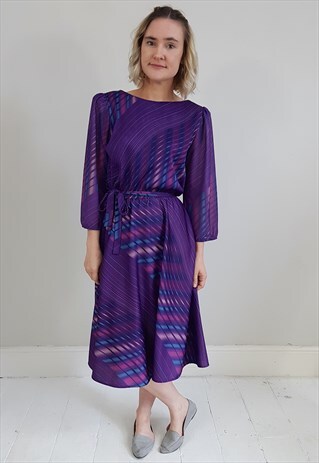 VINTAGE 80'S PURPLE PLEATED STRIPE DRESS W/ WAIST TIE