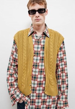 Vintage 80s Yellow Cable Knit Button Up Unisex Vest M