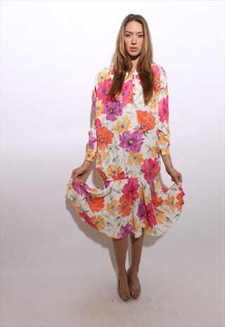 VINTAGE 1980'S 80'S DROP WAIST FLORAL BUBBLE SHIRT DRESS S-M