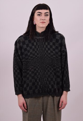 VINTAGE 80'S BLACK & GREY CROPPED JUMPER SIZE 10 12 14 16