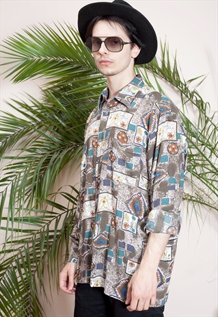 MENS VINTAGE LONG SLEEVE, ABSTRACT PRINT, BUTTON UP SHIRT