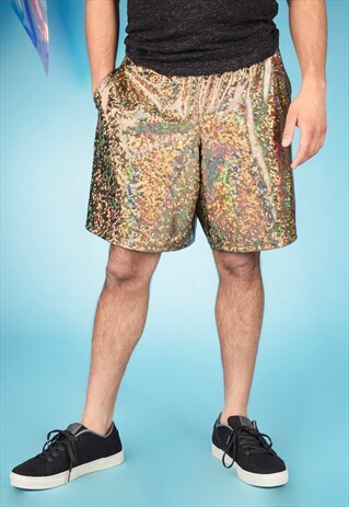 HANDMADE GOLD HOLOGRAPHIC FESTIVAL SHORTS WITH POCKETS