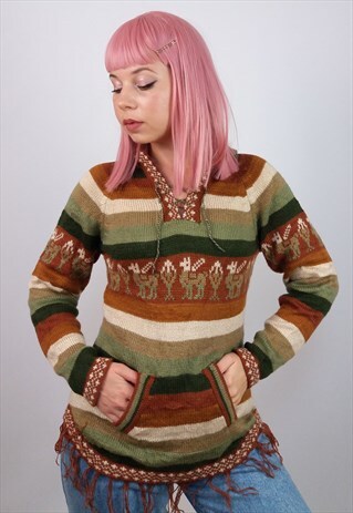 VINTAGE 90'S KNIT HOODED SWEATER AZTEC LLAMA PATTERN
