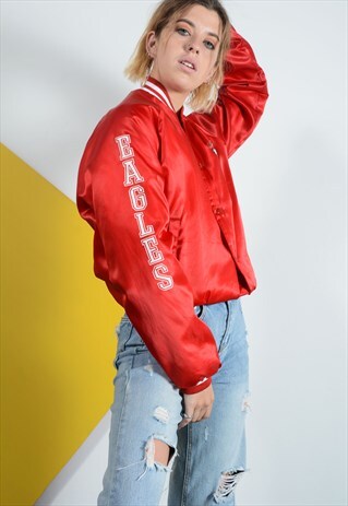 VINTAGE USA VARSITY COACH JACKET IN RED.