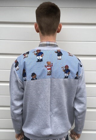 MENS GREY 90S SWEATSHIRT IN REWORKED POLO BEAR MATERIAL