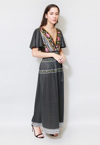 VINTAGE 1970'S FLORAL PRINT SILKY MAXI DRESS
