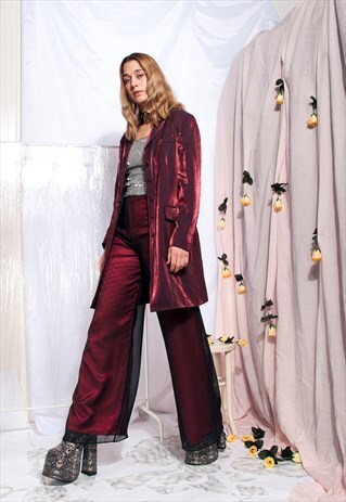 VINTAGE LONG BLAZER JACKET 90S SHINY MAROON COAT