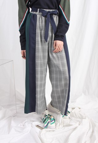 (KOREAN) MIXED FABRIC TARTAN TROUSERS NAVY BLUE GREEN