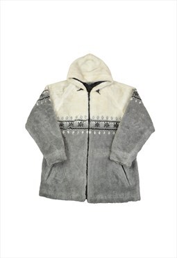 Vintage Fleece Hooded Jacket Retro Pattern Grey Ladies Large