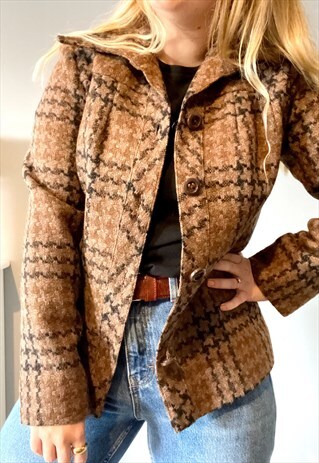 VINTAGE TWEED BROWN CHECKED 80'S BLAZER JACKET