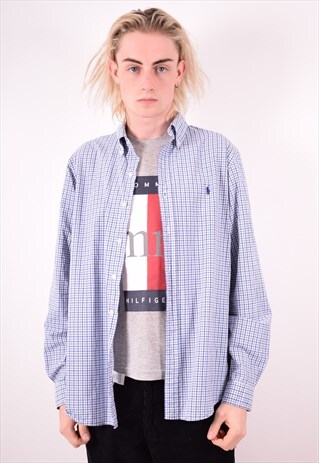 RALPH LAUREN MENS VINTAGE SHIRT LARGE BLUE CHECK 90S