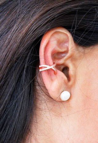GOLD CRISS CROSS DIAMANTE STATEMENT EAR CUFF EARRINGS