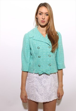 VINTAGE 1950'S 50'S BABY BLUE TWEED BOW JACKET JACKIE O M-L