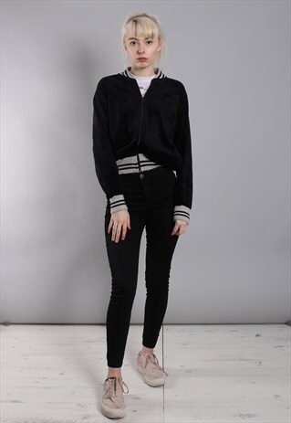 VINTAGE 80S BLACK CRUSHED VELVET BASEBALL BOMBER JACKET
