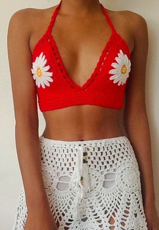 Iris Red Crochet partywear halter neck crop top