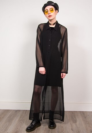 VINTAGE 90'S BLACK SHEER LONG FLOATY SHIRT DRESS