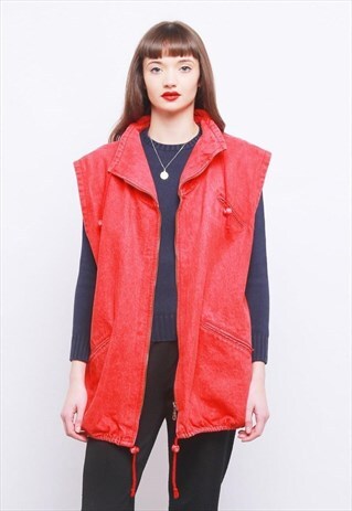 VINTAGE 90S RED DENIM SLEEVELESS JACKET / GILET