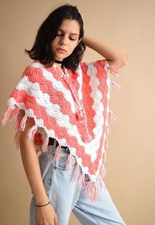 VINTAGE 70'S MOD HANDKNITTED CROCHET CAPE PONCHO