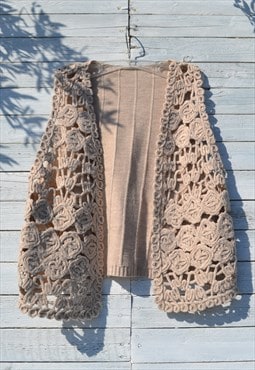 Vintage light beige wool blend applique crochet cord vest 