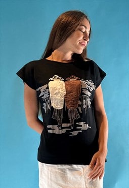 Black T-shirt Top with People embroidered on the front