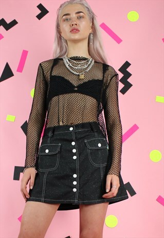 VINTAGE 90S DENIM SKIRT Y2K REPLAY BLACK SPARKLY MINI