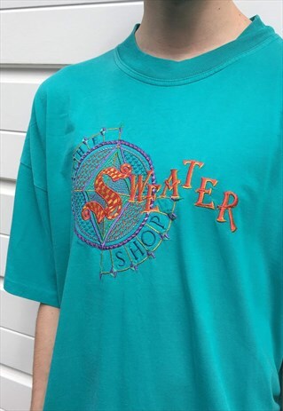 MENS VINTAGE 80S THE SWEATER SHOP TSHIRT GREENY BLUE TOP