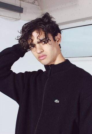 VINTAGE LACOSTE BLACK KNITTED ZIP-UP CARDIGAN