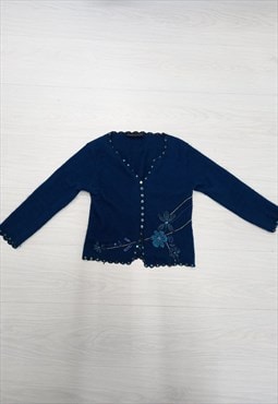 00's Karen Millen Cardigan Blue Floral Embroidered