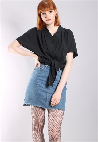 VINTAGE 80S BLACK BATWING TIE UP BLOUSE SHIRT TOP