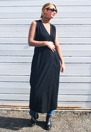 VINTAGE 90S BLACK WOOL PINAFORE DRESS