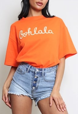 Embroidered Slogan T-Shirt In Orange