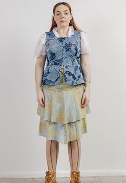 Vintage Y2k Asymetric Cut Watercolor Embroidery Skirt M/L
