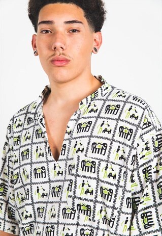 VINTAGE 80S CRAZY PRINT SHORT SLEEVES SHIRT / S3300