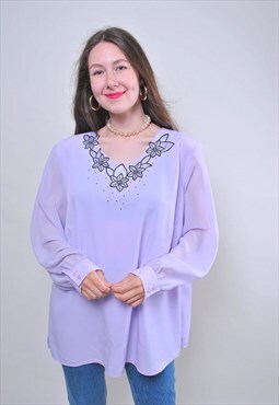 Vintage purple floral blouse, retro spring blouse for work 