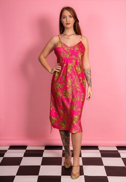 Hot Pink & Gold Baroque Pattern Slink Slip Dress
