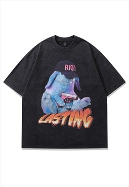 Neon bunny t-shirt psychedelic tee 80s top in vintage grey