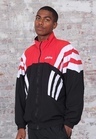 VINTAGE ADIDAS LOGO 3 STRIPE JACKET BLACK RED WHITE