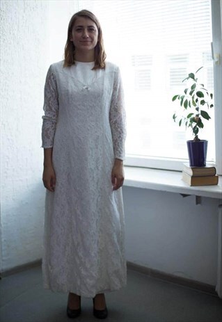 Vintage 60 S White Maxi Lace Long Sleeved Wedding Dress Wardrobe
