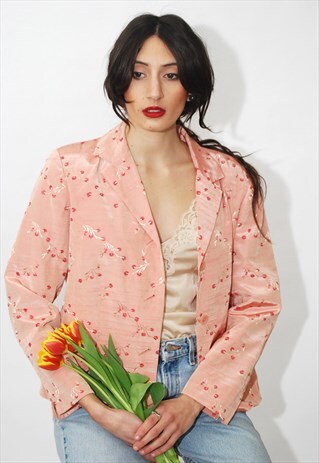 CHERRY BLOSSOM BLAZER (UK 16) VINTAGE PINK FLORAL JACKET Y2K